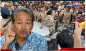 Sonam Wangchuk speaking alongside a scene of police and protesters in Delhi