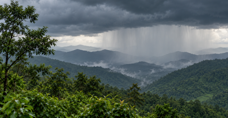 NEWS8 NorthEast 9 Dark storm clouds and rain over forested hills in Northeast India