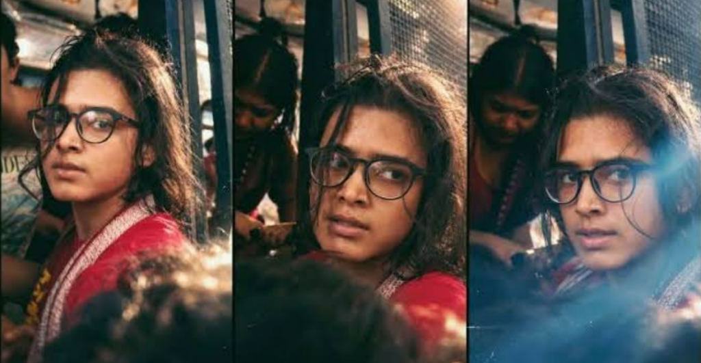 Three photographs of student leader Neha Bora wearing glasses