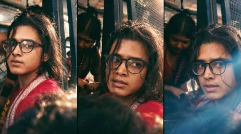Three photographs of student leader Neha Bora wearing glasses